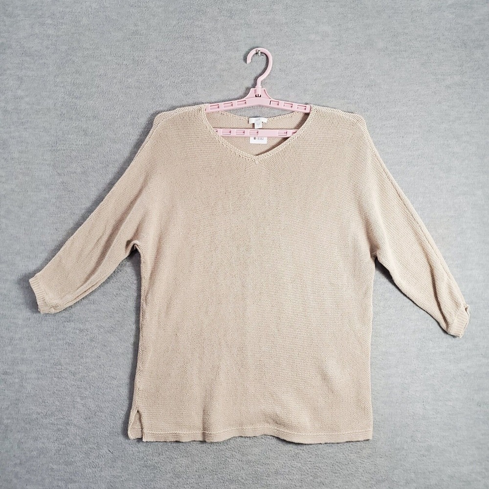 J Jill Women Sweater Small Beige Linen Blend Open Kint Short Sleeve Pullover